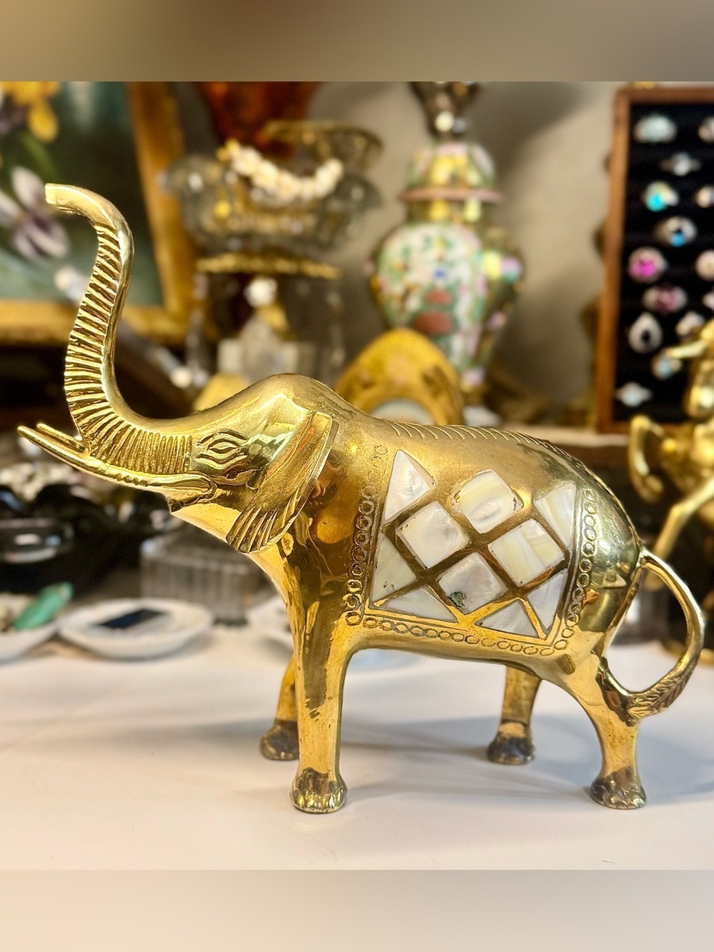 XL Vintage Brass Elephant Inlaid Mother of Pearl Statue - Picture 2 of 5